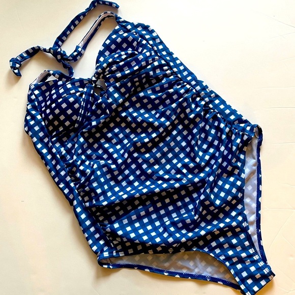 Womens Sexy One Piece Swimsuit Tie Back Blue Checkered Gingham Bikini Swimwear - Picture 2 of 7